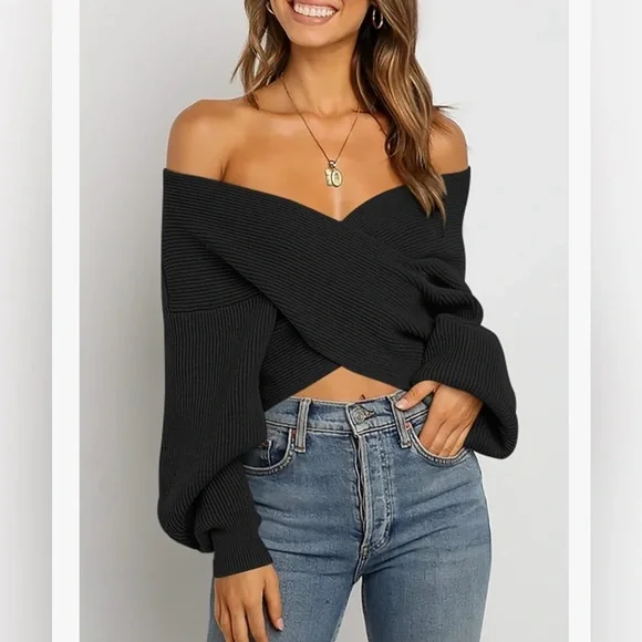BTFBM Black Off Shoulder Sweater for Women. - Picture 2 of 5